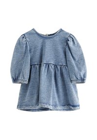Top in denim blu con maniche a sbuffo, scollatura rotonda e cucitura in vita arricciata. Tessuto morbido, design casual e materiale leggero.