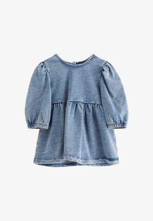 Blauwe denim top met pofmouwen, een ronde halslijn en een gerimpelde taille naad. Zachte textuur, casual ontwerp en lichtgewicht materiaal.