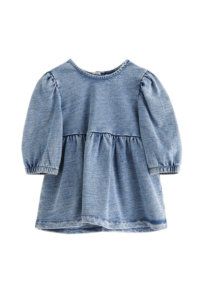 Top in denim blu con maniche a sbuffo, scollatura rotonda e cucitura in vita arricciata. Tessuto morbido, design casual e materiale leggero.