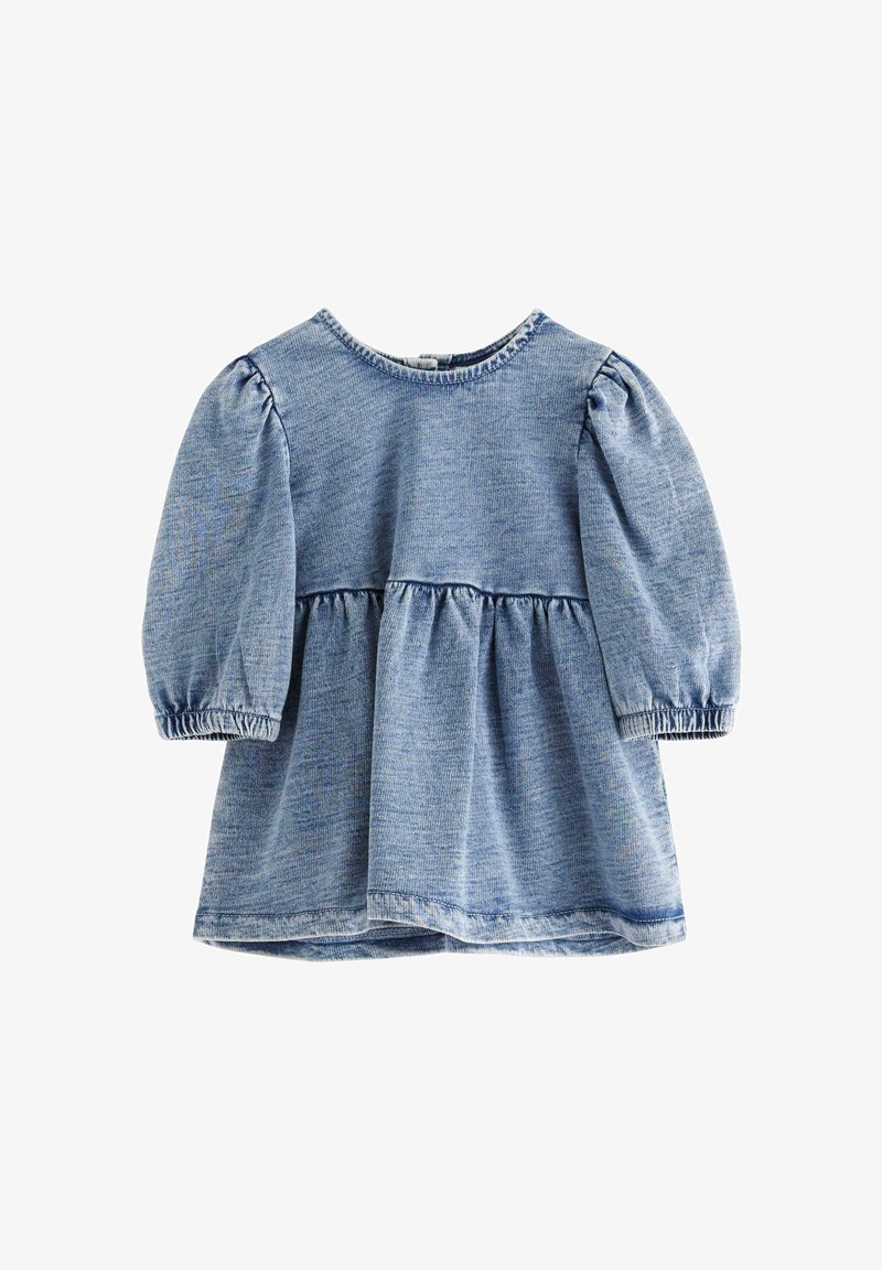 Top in denim blu con maniche a sbuffo, scollatura rotonda e cucitura in vita arricciata. Tessuto morbido, design casual e materiale leggero.