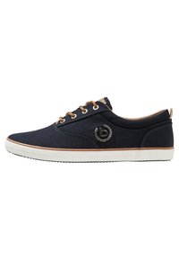 Navy canvas sneakers with brown lace accents, round toe, contrasting white rubber sole, and black logo detail on the side.