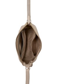 Borsa a tracolla in pelle beige con chiusura zip, dotata di una tasca interna e due scomparti per l'organizzazione. Texture liscia.