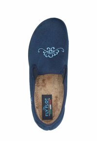Navy blue slip-on slipper with light blue embroidered design on top and soft brown furry interior labeled "Fly Flot, comfort made in Italy."