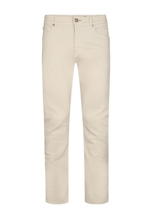 Pantalones de algodón beige claro con corte recto, diseño de cinco bolsillos y cierre con botones. Textura suave y detalles mínimos de costuras.