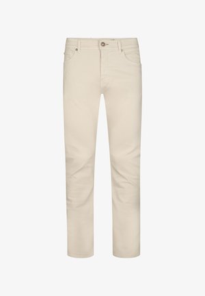 Jasnobeżowe bawełniane spodnie o prostym kroju, z pięcioma kieszeniami i zapięciem na guziki. Gładka faktura i minimalistyczne przeszycia.