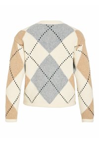 Pull en maille à motif losanges beige, gris et crème, à manches longues, vu de dos sur un fond blanc.