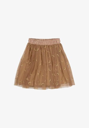 Ruda tilius sijonas su elastinga juosta, dekoruotas auksiniais pusmėnulio raštais ir sluoksniuotu dizainu, suteikiančiu papildomo tekstūros.