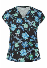 Top envolvente negro con estampado floral que presenta flores azules y verdes, mangas cortas y un diseño de escote en V. Tejido suave y ligero con una textura suave.