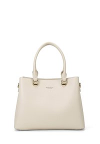 Beige handtas van gestructureerd synthetisch leer met dubbele handgrepen en hardware in goudkleur. Heeft een rechthoekige vorm en subtiele branding.