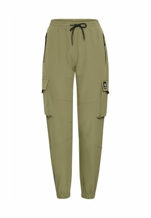 Olive green cargo pants with elastic waistband and adjustable drawstring. Features two side zip pockets and two large cargo pockets.