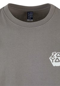 Gray cotton t-shirt with a crew neck and short sleeves. Features a white logo print on the chest. Soft, smooth texture. Lightweight fabric.