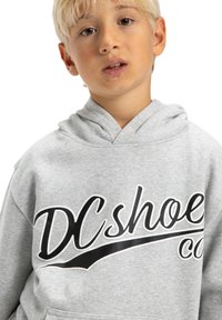 Szara bluza z kapturem z dużym czarno-białym logo "DC shoe co" na przodzie. Miękka tkanina o swobodnym fasonie.
