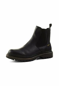 Czarne skórzane botki Chelsea z elastycznymi panelami bocznymi, teksturowaną gumową podeszwą i uchwytem do łatwego zakładania. Posiada subtelne złote akcenty.