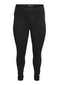 Jean skinny noir avec poches avant, fermeture par bouton et étiquette de la marque Noisy May sur la ceinture intérieure.