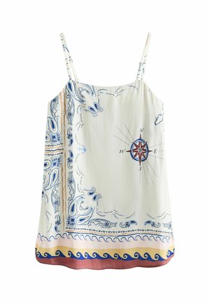White slip dress with thin straps featuring blue paisley patterns, a red and blue compass rose, and wavy border designs in blue, beige, and red.