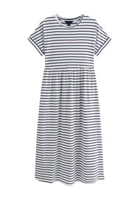 Abito a righe in cotone bianco e blu navy. Maniche corte, scollatura rotonda, vita arricciata e lunghezza alla caviglia con una vestibilità comoda.