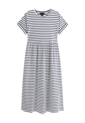 Abito a righe in cotone bianco e blu navy. Maniche corte, scollatura rotonda, vita arricciata e lunghezza alla caviglia con una vestibilità comoda.