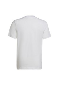 Weißes Baumwoll-T-Shirt mit kurzen Ärmeln, rundem Halsausschnitt und schlichtem Rückendesign. Keine sichtbaren Muster oder Akzente. Glatte Textur.