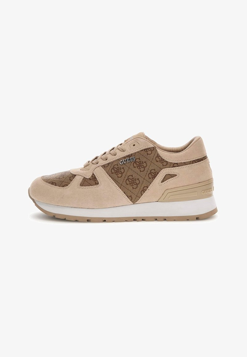 Beige suede and canvas sneaker featuring a patterned side panel, textured accents, and a white midsole with light brown outsole.