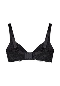 Czarny koronkowy biustonosz z regulowanymi ramiączkami, zapięciem na haftki i gładkim materiałem. Posiada kwiatowe zdobienia koronki wzdłuż dolnej krawędzi.