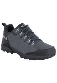 Scarpa da trekking grigia con upper in suede, suola in gomma, lacci blu a contrasto e occhielli in metallo per un fissaggio sicuro.