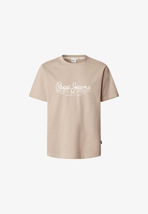 Vaaleanbeige puuvillapaita lyhyillä hihoilla, jossa on valkoista käsinkirjoitettua tekstiä "Pepe Jeans" ja muita brändäysyksityiskohtia edessä.