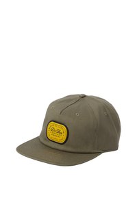 Olivově zelená kšiltovka snapback vyrobená z bavlny, s žlutým oválným nášivkem s černým písmem, plochým kšiltem a šesti ventilačními otvory.