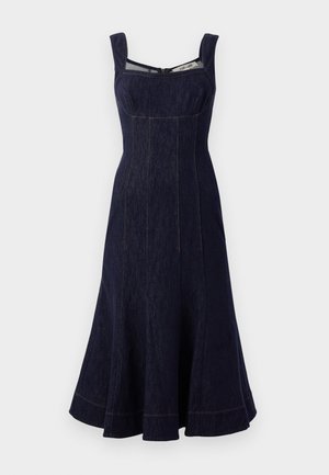 Navy denim dress with a square neckline, wide straps, flared knee-length skirt, and contrasting topstitching. Zipper closure at the back.