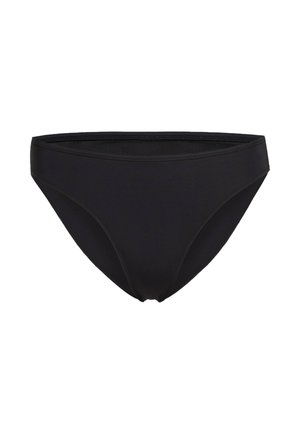 Svart bikinitrosa gjord av mjukt, elastiskt tyg; har en låg midja och sömlösa kanter för en bekväm passform.