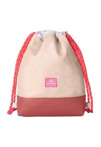 Bolsa de drawstring de lona en beige y rosa, con un acabado texturizado, correas trenzadas coloridas y un pequeño logotipo de la marca en la parte frontal.