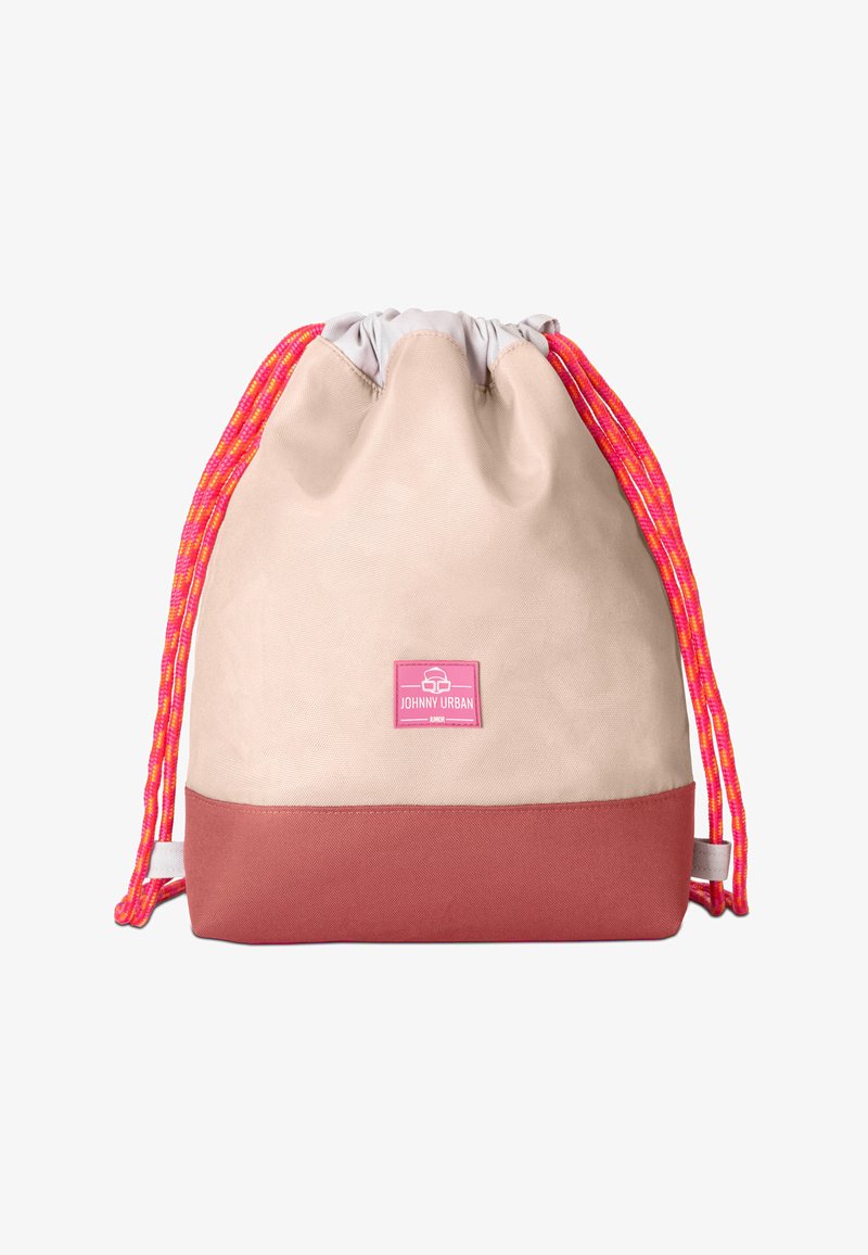 Kangaskassi, jossa on beige ja vaaleanpunainen väri, tekstuuripinnalla, värikkäät punotut hihnat ja pieni brändilogo edessä.