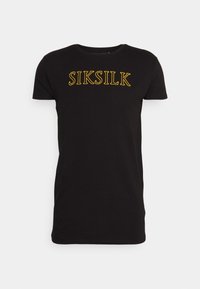Mustahar black short-sleeve t-paita, joka on valmistettu puuvillasta ja jossa on pyöreä kaula-aukko. Etupuolella on keltaista "SIKSILK"-kirjontaa.
