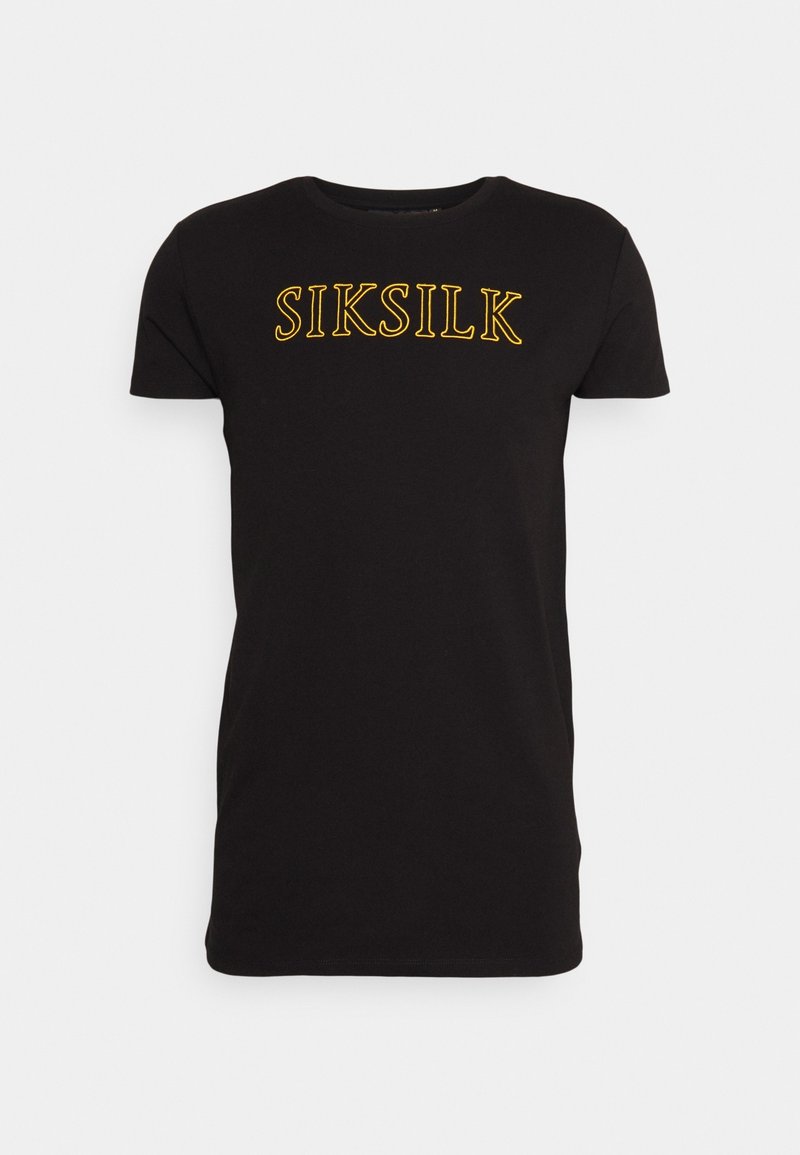 Mustahar black short-sleeve t-paita, joka on valmistettu puuvillasta ja jossa on pyöreä kaula-aukko. Etupuolella on keltaista "SIKSILK"-kirjontaa.