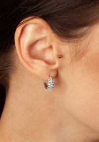 Srebrna kolczyka w kształcie obręczy z skupiskiem przezroczystych cyrkonii w kształcie liścia, umieszczona na prostym złotym wkręcie w przekłuty uchu.