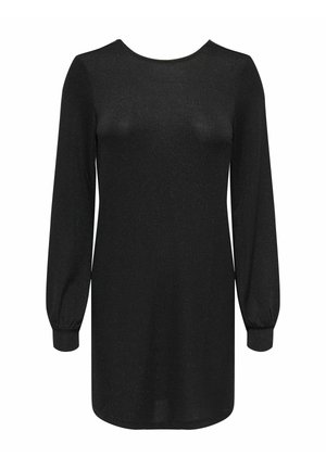 Robe en maille noire à manches longues avec col rond et poignets ajustés, présentant une coupe droite et un ourlet légèrement arrondi.