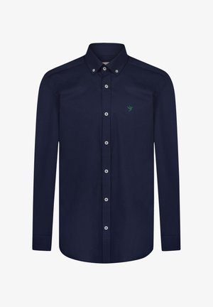 Tumesinine pika varrukaga särk, mis on valmistatud puuvillast, nööbid allapoole, esist nööbid ja väike roheline logo rinnal.