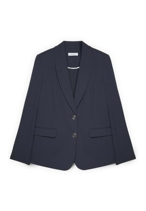Marineblå blazer i glat stof med sjalskrave, to forlommer og to centrale knapper. Skræddersyet pasform med rene linjer.