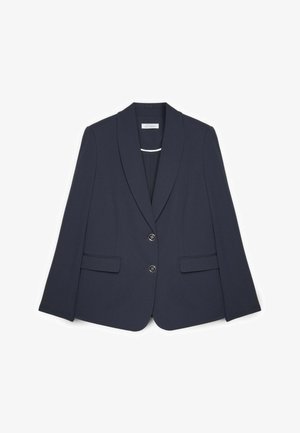Marineblauwe blazer van gladde stof, met een sjawl kraag, twee voorzakken en twee centrale knopen. Getailleerde pasvorm met strakke lijnen.