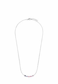 Zilveren ketting met multikleurige hangers in de vorm van harten in roze, paars en marineblauw. Veilige lobster sluiting en verstelbare lengte.