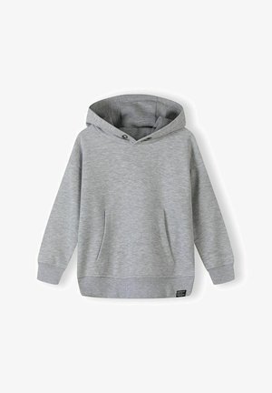 Siva kapuca majica iz mehkega materiala, z sprednjo žepno, reberčastimi manšetami in robom, ter etiketo na spodnji levi strani.