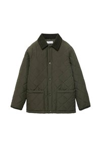 Quilted green jacket with a corduroy collar, snap button closure, and two front pockets. Features a boxy fit and diamond-patterned texture.