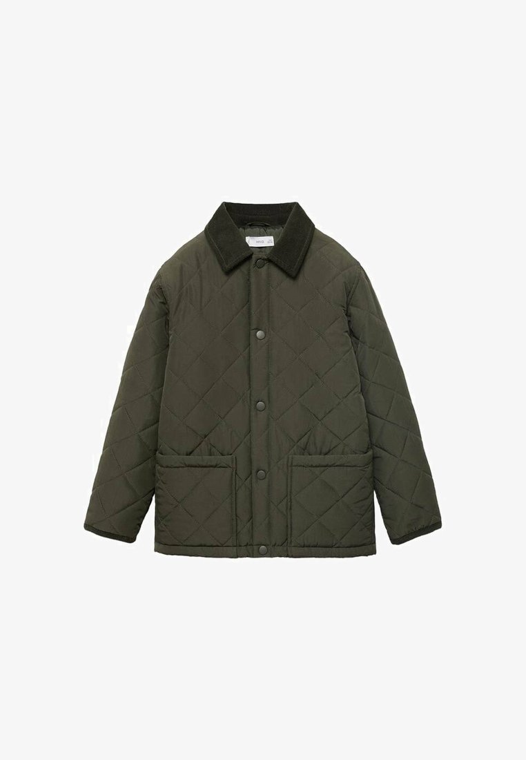 Gepatchte grüne Jacke mit einem Cordkragen, Druckknopfverschluss und zwei Fronttaschen. Verfügt über eine kastige Passform und eine rautenförmige Textur.