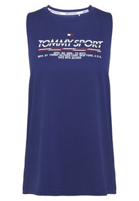 Top sportivo senza maniche di colore blu navy, realizzato in tessuto traspirante, con la scritta bianca "TOMMY SPORT" e dettagli a righe.