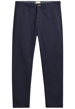 Navyblauwe katoenen chinos met een recht model, voorzien van een knoopsluiting en zijzakken. Soepele textuur en minimalistische stijl.