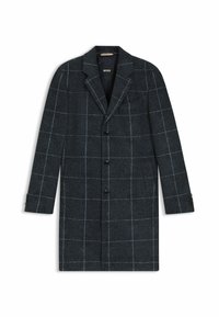 Cappotto lungo grigio scuro con motivo a quadretti in blu chiaro. Presenta un rever a risvolto, chiusura frontale con un solo bottone e polsini con tre bottoni.