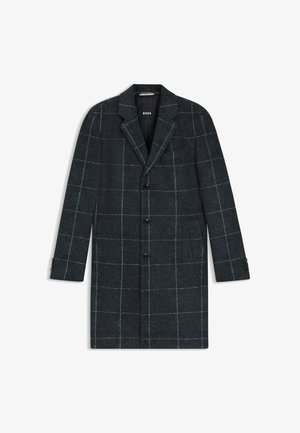 Lang, donkergrijs jasje met een geruit patroon in lichtblauw. Beschikt over een notch-lapel, een enkele knoop aan de voorkant en drieknoop-mouwen.