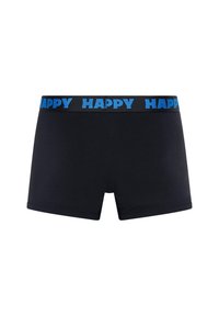 Crne bokserice s plavim elastičnim pojasom na kojem je ponavljajuća riječ "SRETNO". Izrađene su od glatkog, rastezljivog materijala.