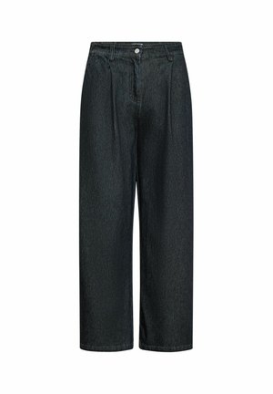 Jean en denim noir à large jambe, taille haute, avec passants de ceinture, fermeture à bouton et zip devant, présenté sur fond blanc.