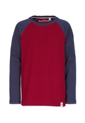 Long-sleeve shirt featuring a red body and navy blue raglan sleeves. The fabric is smooth with a round neck and a small brand label at the hem.