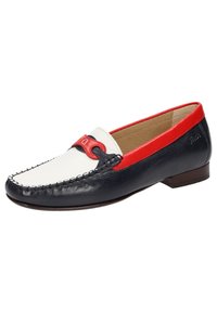 Lederloafer mit navy blauem Körper, weißer Spitze und roten Akzenten. Verfügt über dekorative Nähte und einen kleinen Absatz. Das Innere hat eine perforierte Textur.